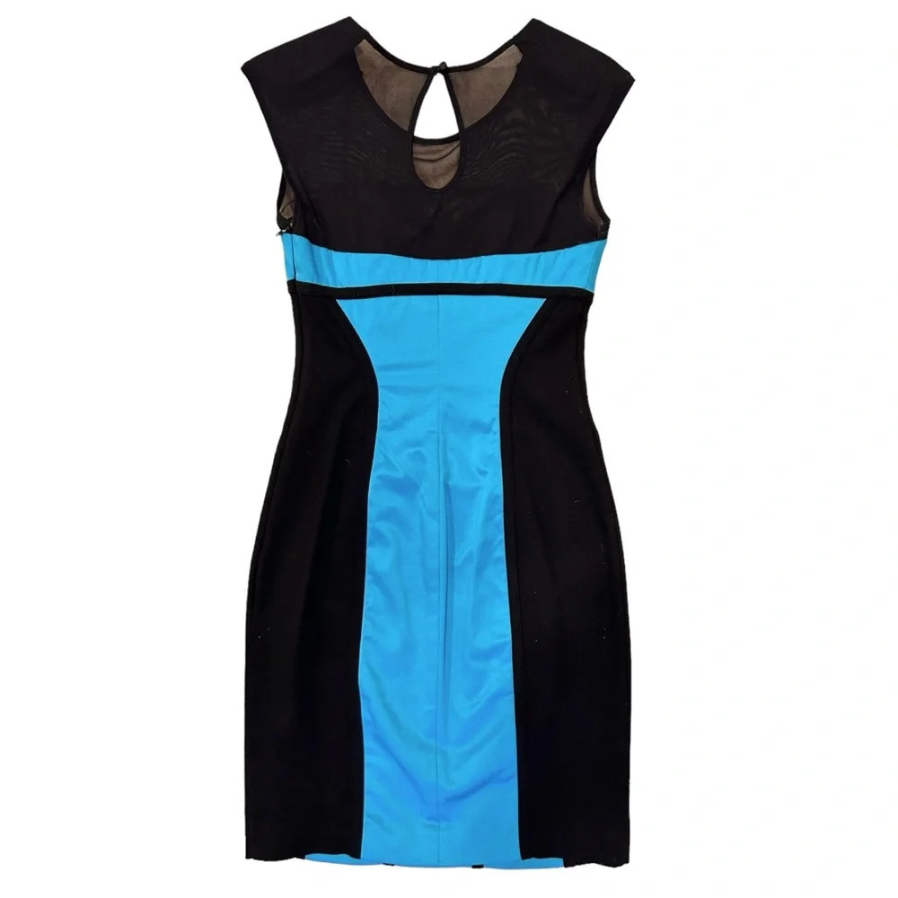 Bebe Melany Mesh Satin Stretch Turquoise Blue and Black Bodycon Pencil Dress XS - Picture 2 of 16